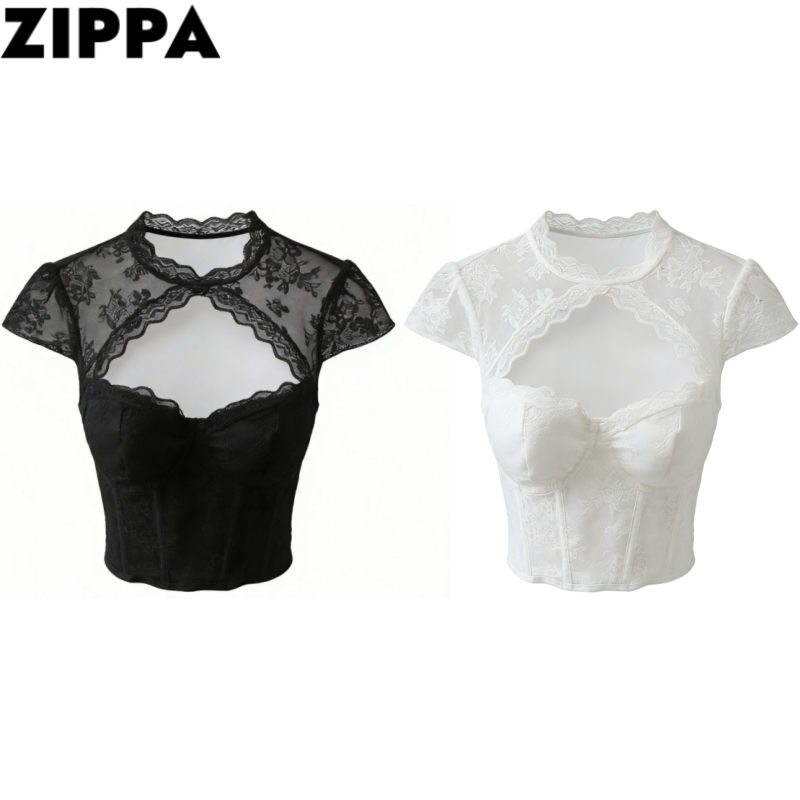 ZIPPA  พร้อมส่งจากไทย เสื้อแขนสั้น เว้าหน้า มีฟองน้ำ ลายลูกไม้ FY1901