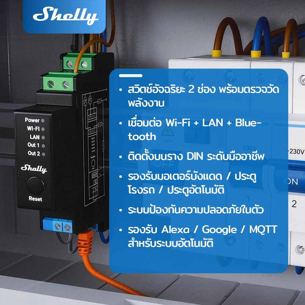 Shelly Pro 2PM สวิตช์รีเลย์อัจฉริยะ 2 ช่อง WiFi LAN และ Bluetooth พร้อมการวัดกระแส – 25A – โปรปัง