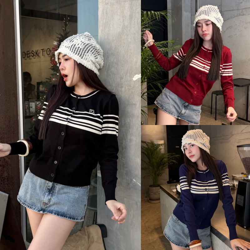 SpinnyHouse เสื้อไหมพรมแขนยาว เสื้อกันหนาว สาวอวบใส่ได้ แต่งโลโกช่วงอก ผ้าไหมพรมยืดตามตัว ทอลายสลับสี รุ่น คาดอก