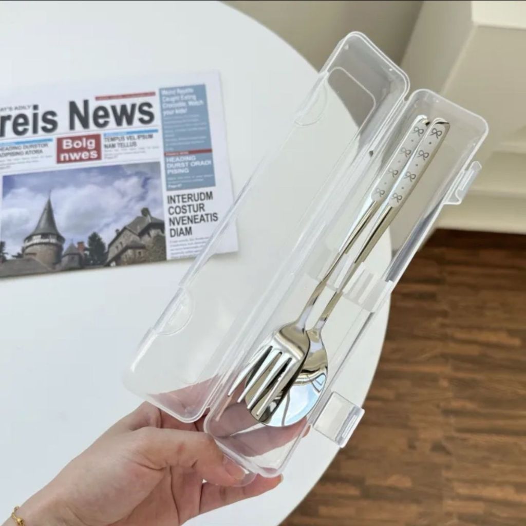 ชุดช้อนส้อมพกพา สแตนเลส 3 ชิ้น ลายโบว์ พร้อมกล่องใส่ ช้อนส้อมตะเกียบ หนา แข็งแรง สไตล์เกาหลี🎀 - รูปที่ 4