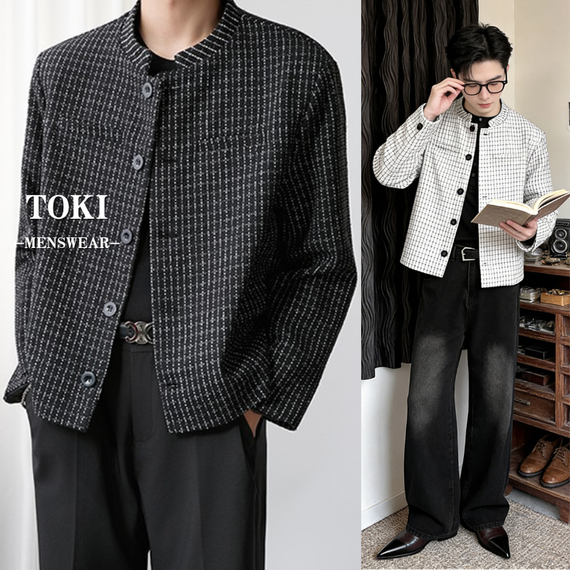 toki-เสื้อแจ็คเก็ตผู้ชายลายสก๊อต มีกระเป๋าด้านใน สีดำและสีขาว ทรงหลวม สไตล์เกาหลี วินเทจ แมทซ์คู่กับกางเกงได้หลายแบบ