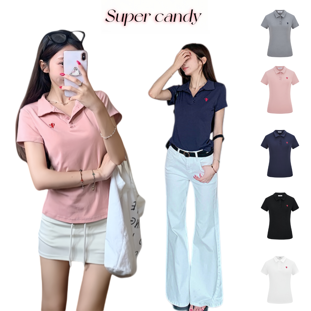 SuperCandy🌷เสื้อโปโลลำลองสไตล์สปอร์ต แขนสั้น ดีไซน์เก๋ไก๋ หวานอมเปรี้ยว เข้ารูปช่วงเอว คอปกปักลาย S-2XL