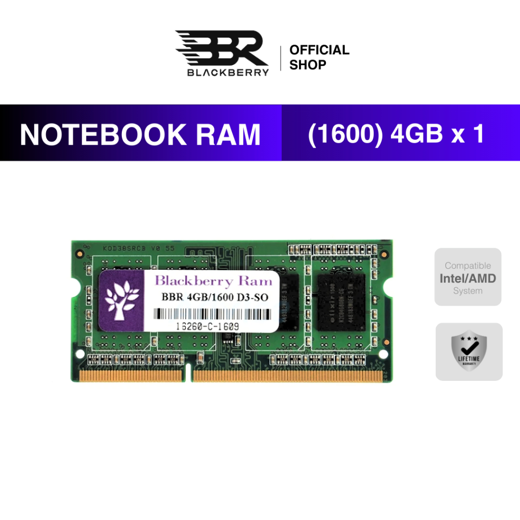 RAM NB DDR3 4GB 1600MHz Blackberry (BBR) 8 Chips แรมโน้ตบุ๊ก รองรับ Intel/AMD ประกัน Lifetime