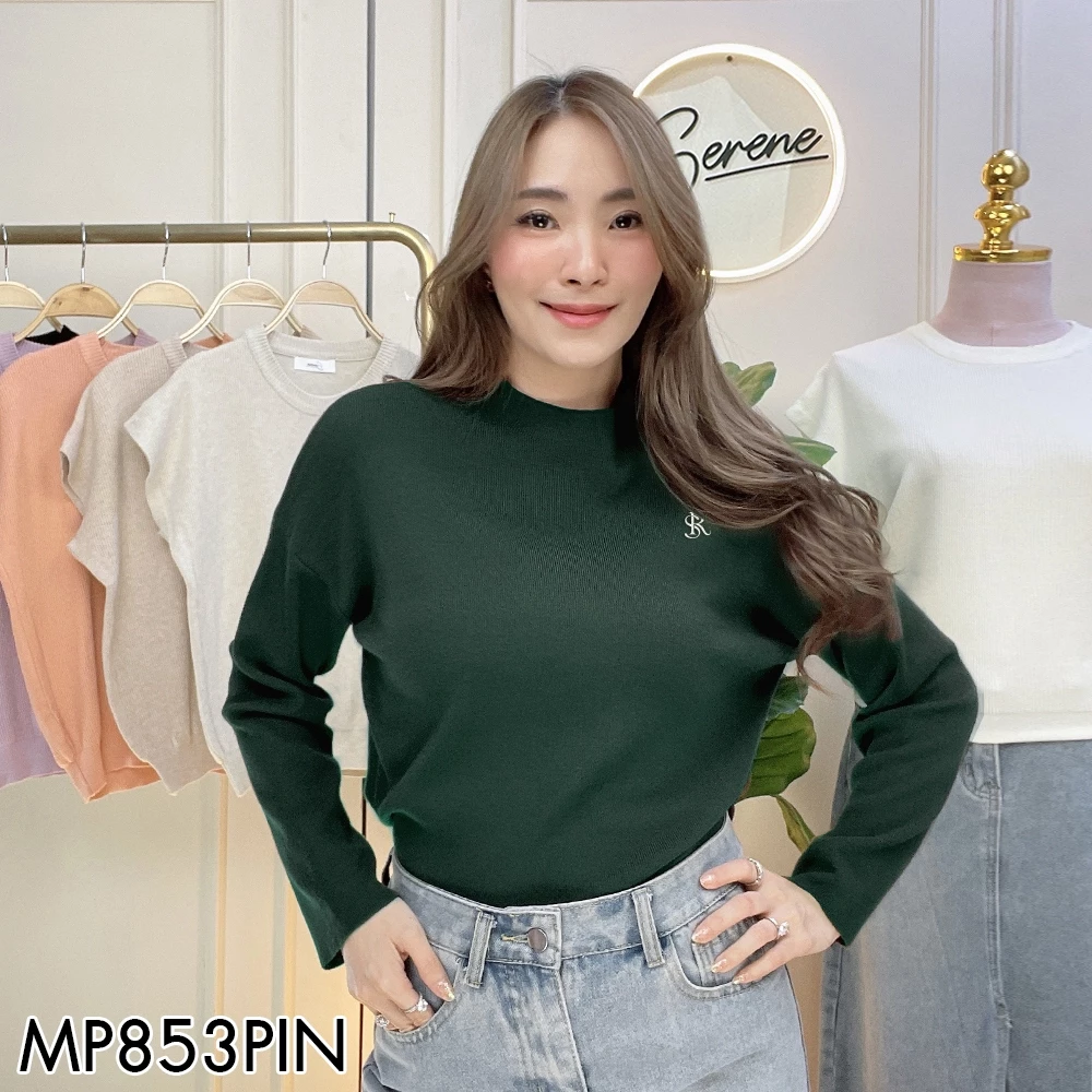 Serene's Choice เสื้อคอปีน แขนยาว ผ้าไหมพรม ผู้หญิง High Neck Knit Sweater ปักโลโก้ Serene