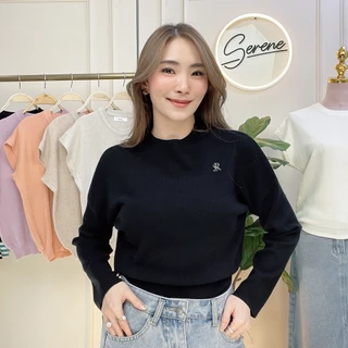 Serene's Choice เสื้อคอปีน แขนยาว ผ้าไหมพรม ผู้หญิง High Neck Knit Sweater ปักโลโก้ Serene