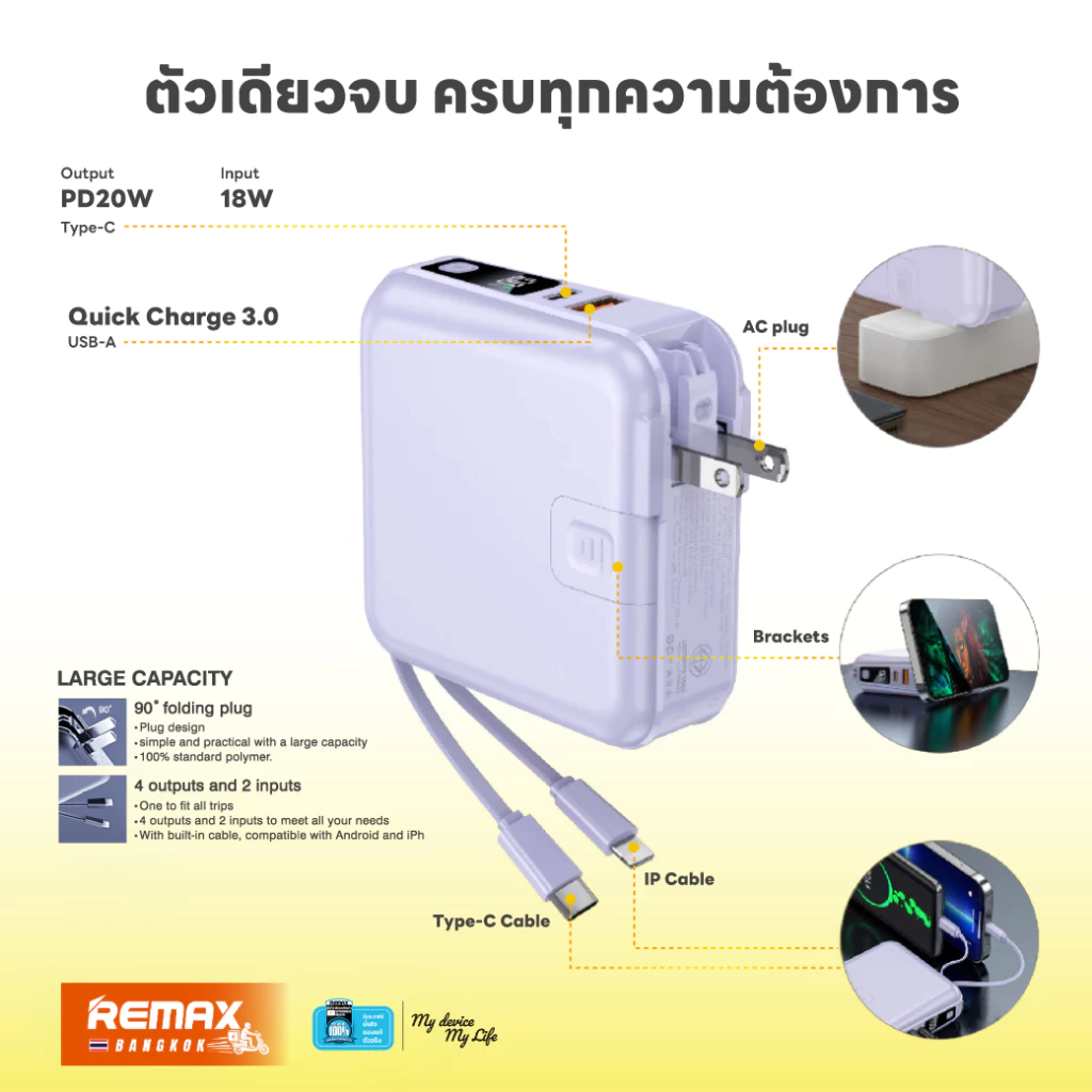 Remax Power Bank W1501 15000mAh มีสายในตัว 3 หัว thumbnail 6