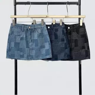Atipashop - Ligne Denim Skirt (#ATP601) กระโปรงสั้นยีนส์ลายสก็อตตาราง