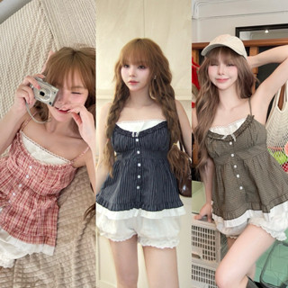 Petite♡︎ Jozy top เสื้อสายเดี่ยวลายสก็อต ลายริ้ว เลเยอร์ 2ชั…