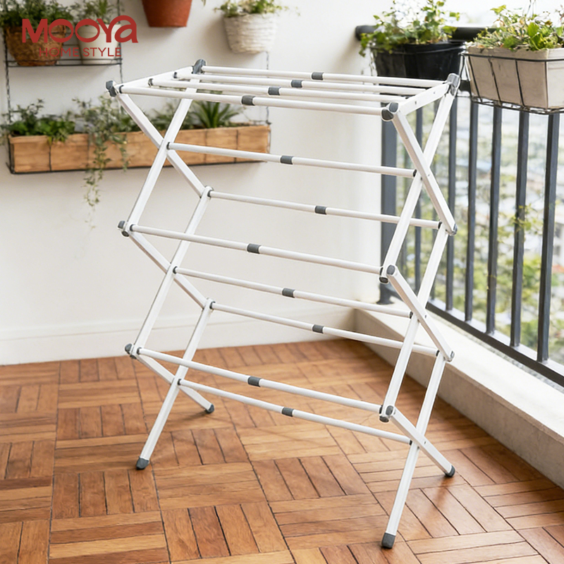 🔥ไม่ต้องติดตั้ง🔥ราวเเขวนผ้า ราวแขวนผ้า ราวแขวนเสื้อผ้าแบบพับได้ ราวแขวนเสื้อผ้าแบบยืดไสล เหล็กคาร์บอน พับได้ใน 1 วิ