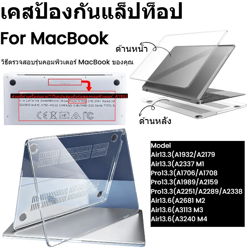 เคส MacBook บางเฉียบ 0.3mm ใสเหมือนไม่มีเคส กันกระแทก 4 มุม ไม่ For MacBook M2 M3 M1 Air/Pro 13.3"/Air13.6" 15.3"