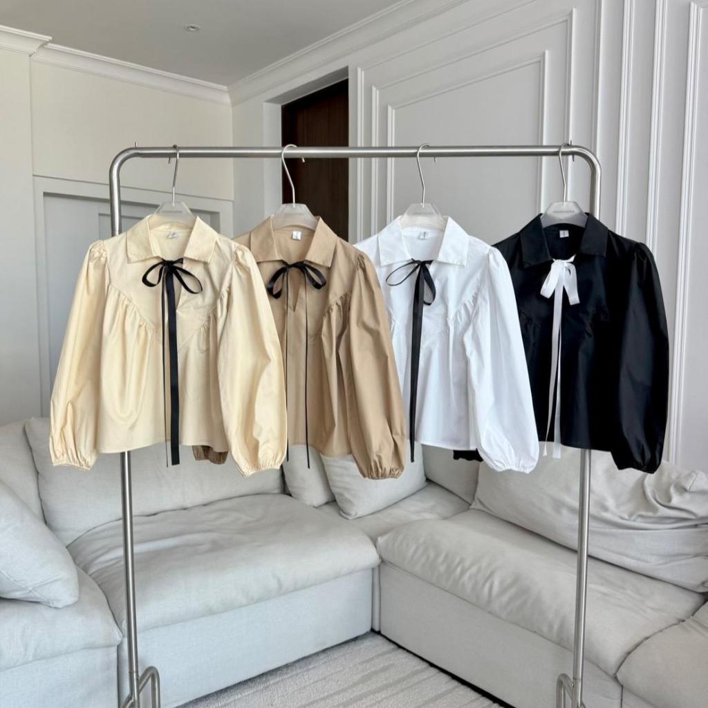 PTSH360 เสื้อเชิ้ตแต่งแขนผูกริบบิ้น PROMTHONG