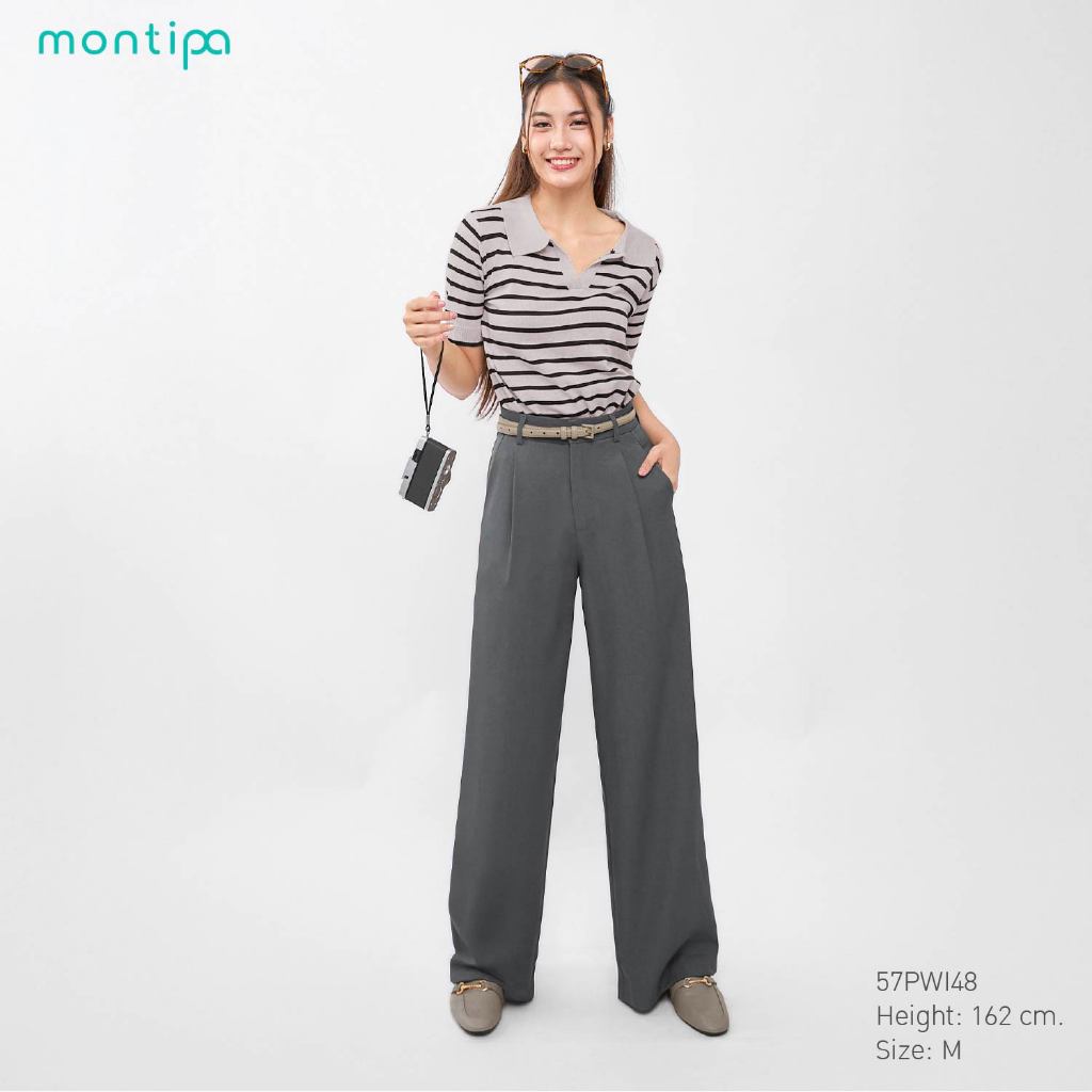 Montipa กางเกงทรงกระบอกใหญ่ ตะขอและซิปหน้า แต่งจีบหน้า ผ้า Iron Free 57PWI48