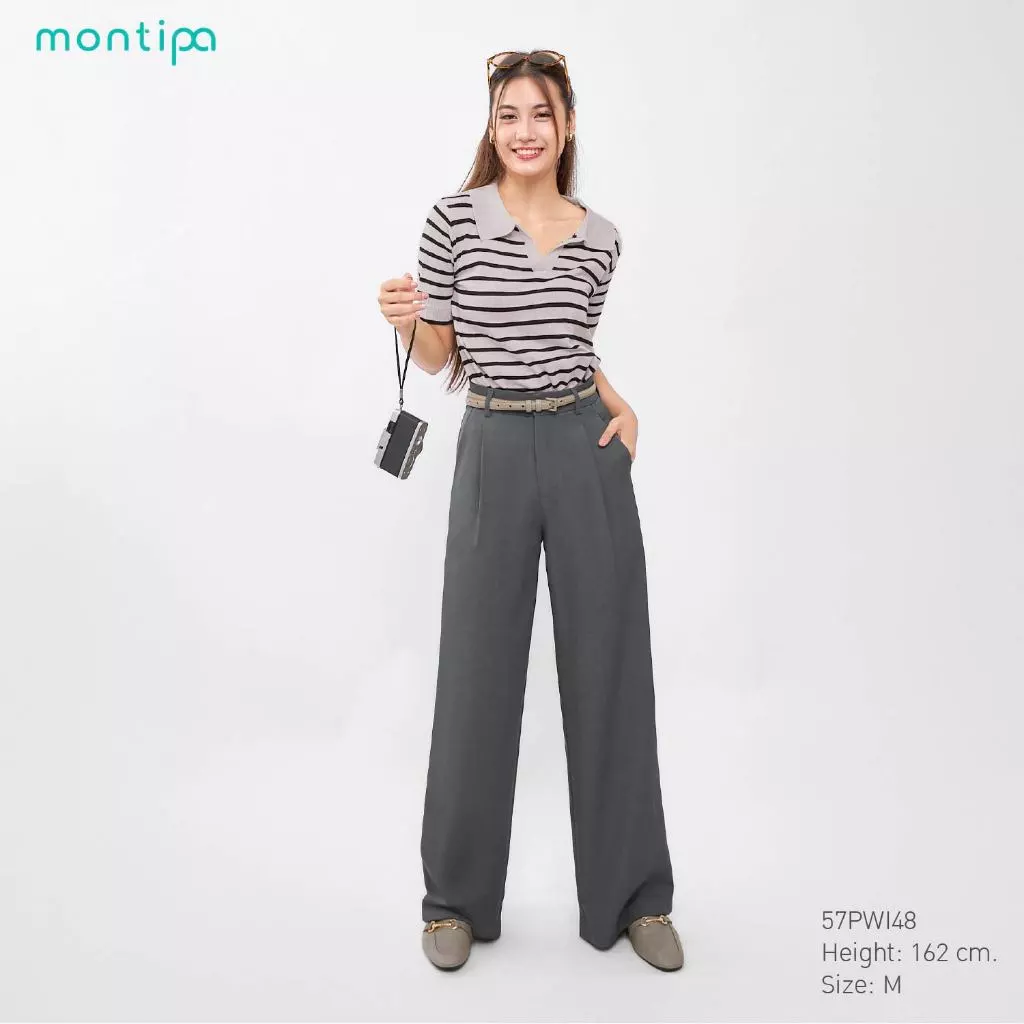 Montipa กางเกงทรงกระบอกใหญ่ ตะขอและซิปหน้า แต่งจีบหน้า ผ้า Iron Free 57PWI48
