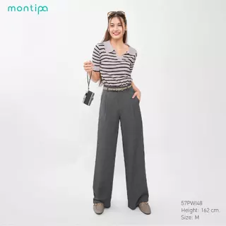 Montipa กางเกงทรงกระบอกใหญ่ ตะขอและซิปหน้า แต่งจีบหน้า ผ้า Iron Free 57PWI48