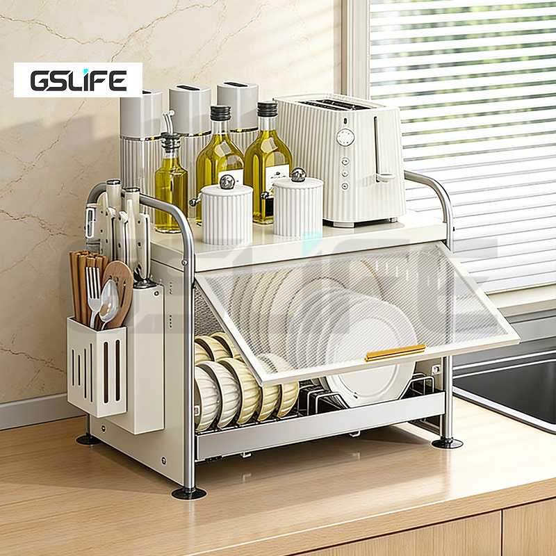 GSlife ที่วางจานพร้อมลิ้นชัก อุปกรณ์จัดระเบียบตู้ครัว พร้อมถาดรองน้ำหยดแบบถอดได้ และแผงระบายอากาศด้า