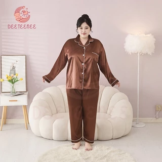 deeteenee ชุดนอนสีพื้น ชุดนอนผู้หญิง Plus Size ชุดนอนคู่ ชุดนอนบิ๊กไซส์ แขนยาว+ขายาว ผ้าซาติน ผ้าเย็นใส่สบาย