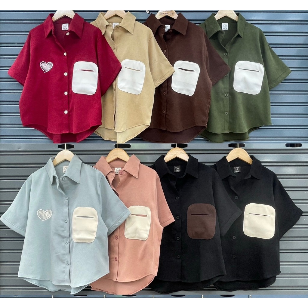 ป้าย Ploy KP เสื้อเชิ้ตแขนสั้นผ้าลูกฟูกแบบบาง อก 42 นิ้ว