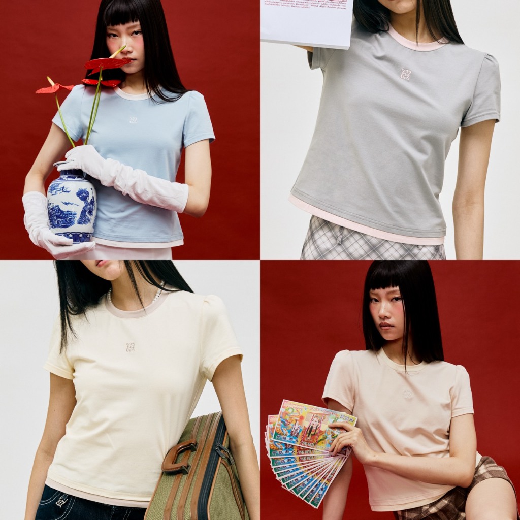 CHUUCHOP - (S-2XL) Unun Tee เสื้อยืดแขนตุ๊กตา แต่งขอบทูโทน (C8480)
