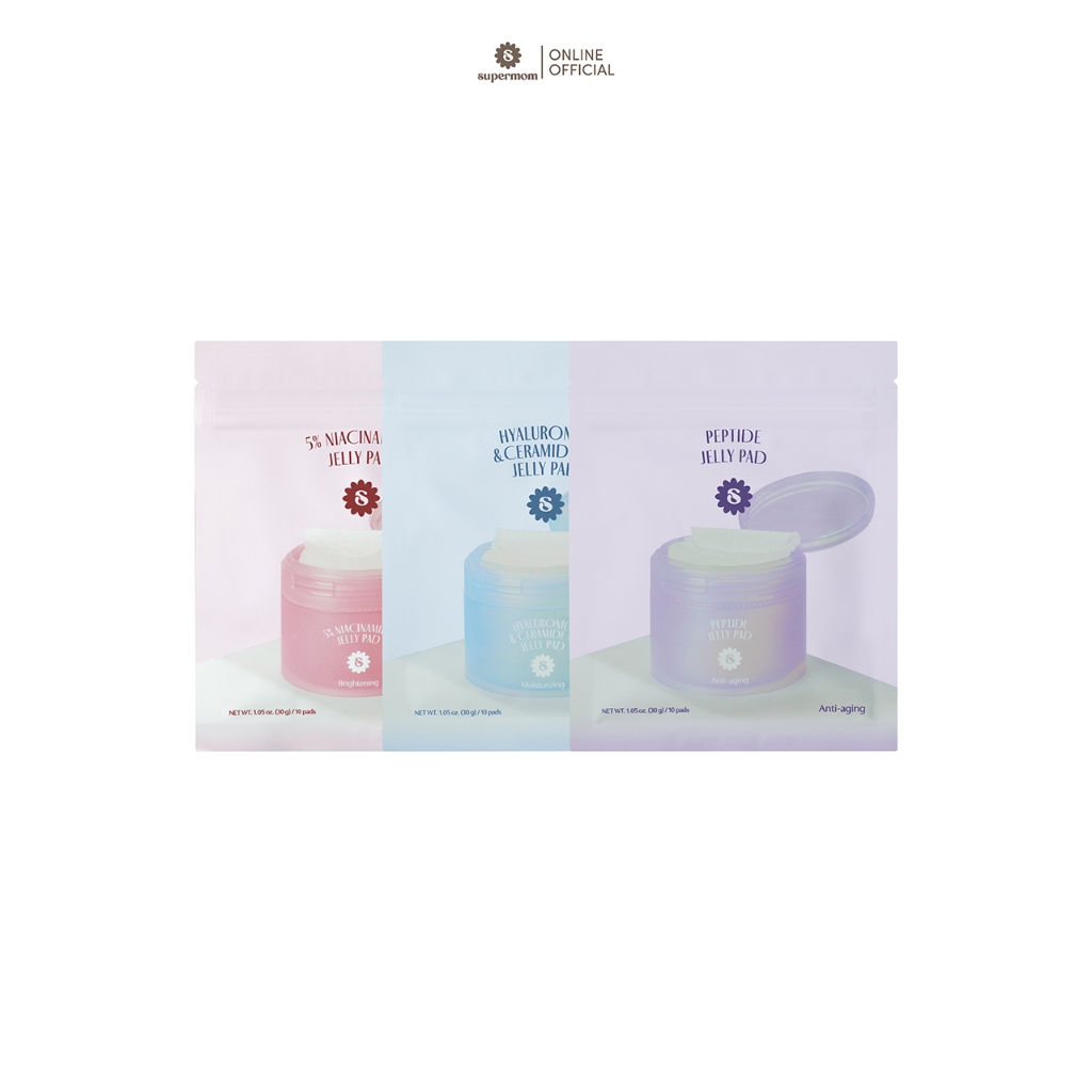 SUPERMOM | JELLY PAD เจลลี่แพด แบบซองขนาดพกพา 1ซองมี10แผ่น โทนเนอร์แพดและเป็นมินิมาร์คหน้าในตัวเดียวกัน Made in Korea สินค้า