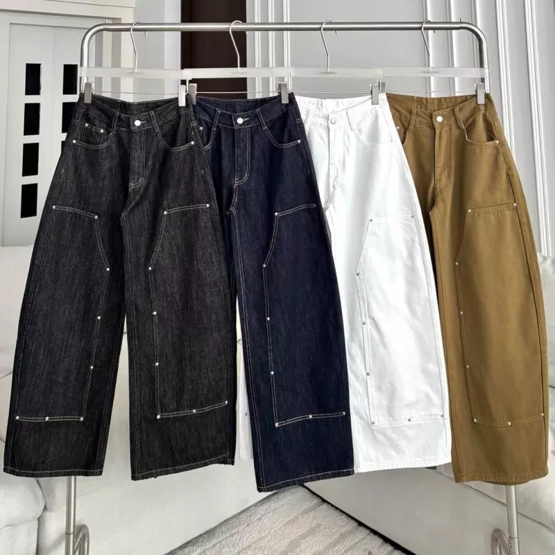 PTJ30321 Double Knee Stud กางเกงยีนส์ขากระบอกใหญ่แต่งหมุดปัก PROMTHONG