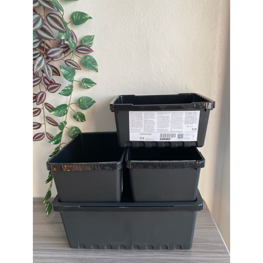 IKEA กล่องเก็บของ, ดำ, 25x17x12 ซม./3.5 ลิตร และ 35x24x14/9ลิตร UPPSNOFSAD วางกล่องซ้อนกันได้ โดยวางแต่ละใบสลับด้านกัน