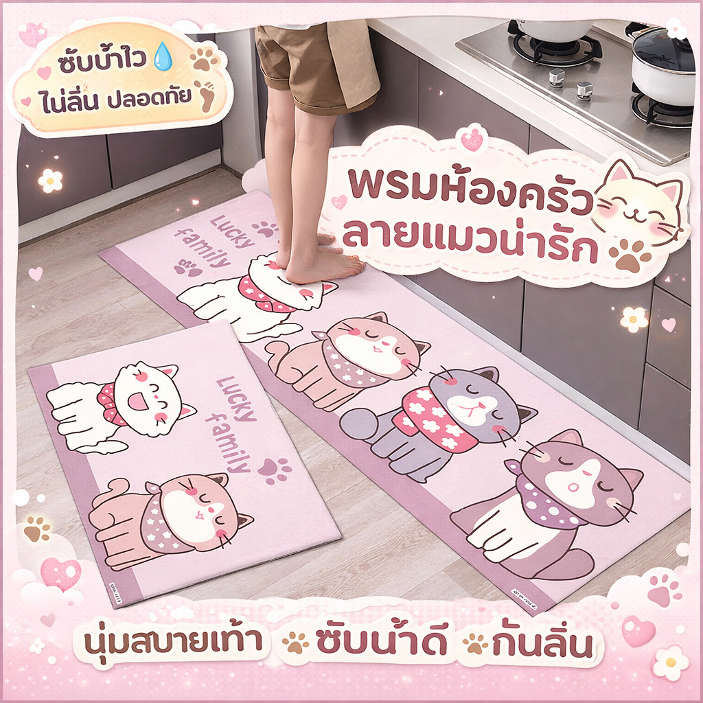 (ซื้อ1แถม1) พรมห้องครัว พรมเช็ดเท้ากันลื่น เซ็ต 2 ชิ้น [40x60+40x120cm] สไตล์มินิมอล