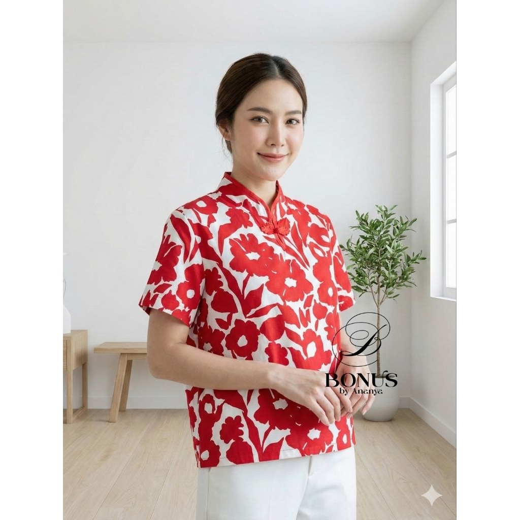 📌เสื้อคอจีนผ้าคอตตอลญี่ปุ่น กุ๊นปกเสื้อ ติดกะดุมจีน เนื้อผ้าใส่สบาย เสื้อ อก46