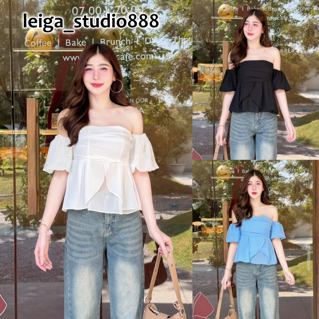 เสื้อแฟชั่น ผ้าซีฟอง เสื้อแขนสั้น เปิดไหล่แขนบอลลูน น่ารักๆๆ สม็อคหลัง ชายระบาย ใส่แมท ใส่ออกงาน สายคาเฟ่ LG098