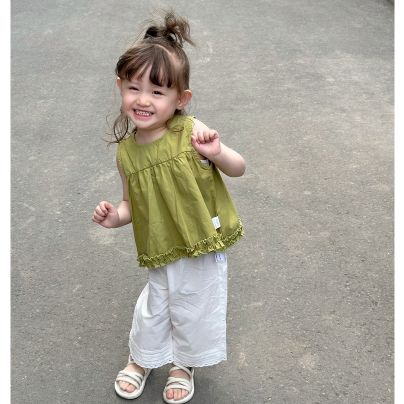 INSbaby🔥พร้อมส่ง จาก กทม🔥ชุดเด็กหญิงสองชิ้น ฤดูร้อน เสื้อไร้แขนสไตล์ผ้าเด็ก + กางเกงขาแววขาว ขอบเกริลสดใสสวย - รูปที่ 2