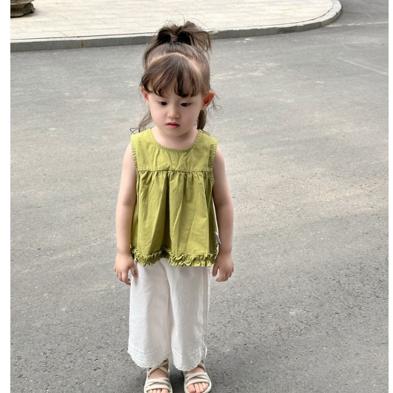 INSbaby🔥พร้อมส่ง จาก กทม🔥ชุดเด็กหญิงสองชิ้น ฤดูร้อน เสื้อไร้แขนสไตล์ผ้าเด็ก + กางเกงขาแววขาว ขอบเกริลสดใสสวย - รูปที่ 3