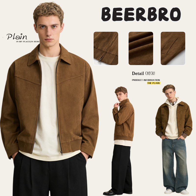 beerbroth-เสื้อแจ็คเก็ตผู้ชายหนังกลับ แขนยาว หลวม สีน้ำตาล หลวมซิปออกแบบ Jacket ฤดูใบไม้ร่วงและฤดูหนาว