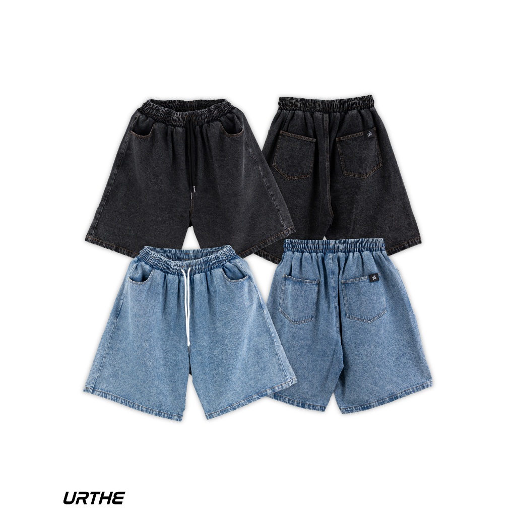 URTHE - ชุดยีนส์เซ็ต แขนสั้น สกรีนลาย OVERSIZE รุ่น JEAN SHORT SET