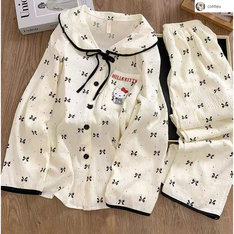 (ส่งมาจากประเทศไทย)ชุดนอนผู้หญิงเวอร์ชั่นเกาหลี，ปกตุ๊กตาน่ารัก，ชุดนอนสไตล์เจ้าหญิง，ขายาว+เสื้อ，M-2XL