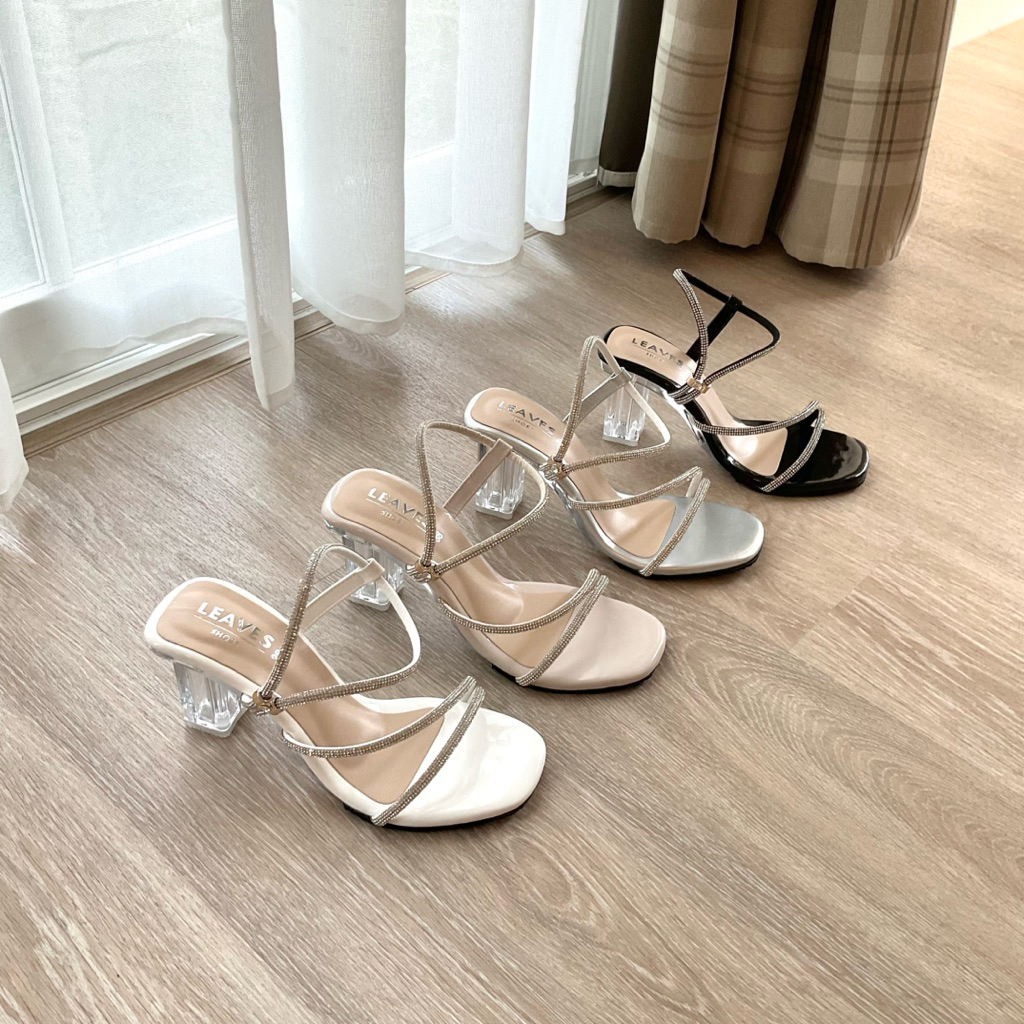 LEAVESSHOES รองเท้าส้นสูงผู้หญิงแฟชั่น ส้นแก้ว ส้นสูงสายเพชร ส้นสูง 2.5 นิ้ว สายใสคริสตัลระยิบระยับ ออกงาน รุ่น Mica