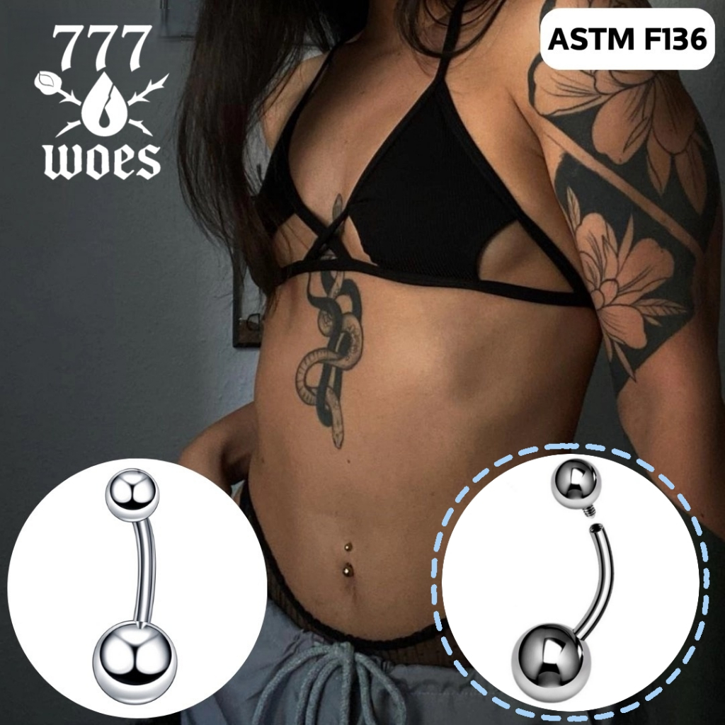 G23เกรดแพทย์ไทเทเนียมจิวสะดือF136แบบพื้นฐานสีเงินเกลียวใน14G1.6มมไม่แพ้เหมาะกับผิวแพ้ง่ายใส่นอนได้