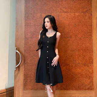 KANYA - ALINA DRESS[1003] เดรสไหมพรม ดีเทลกระดุม (8D) / (21G)(ดำ,Plus size)
