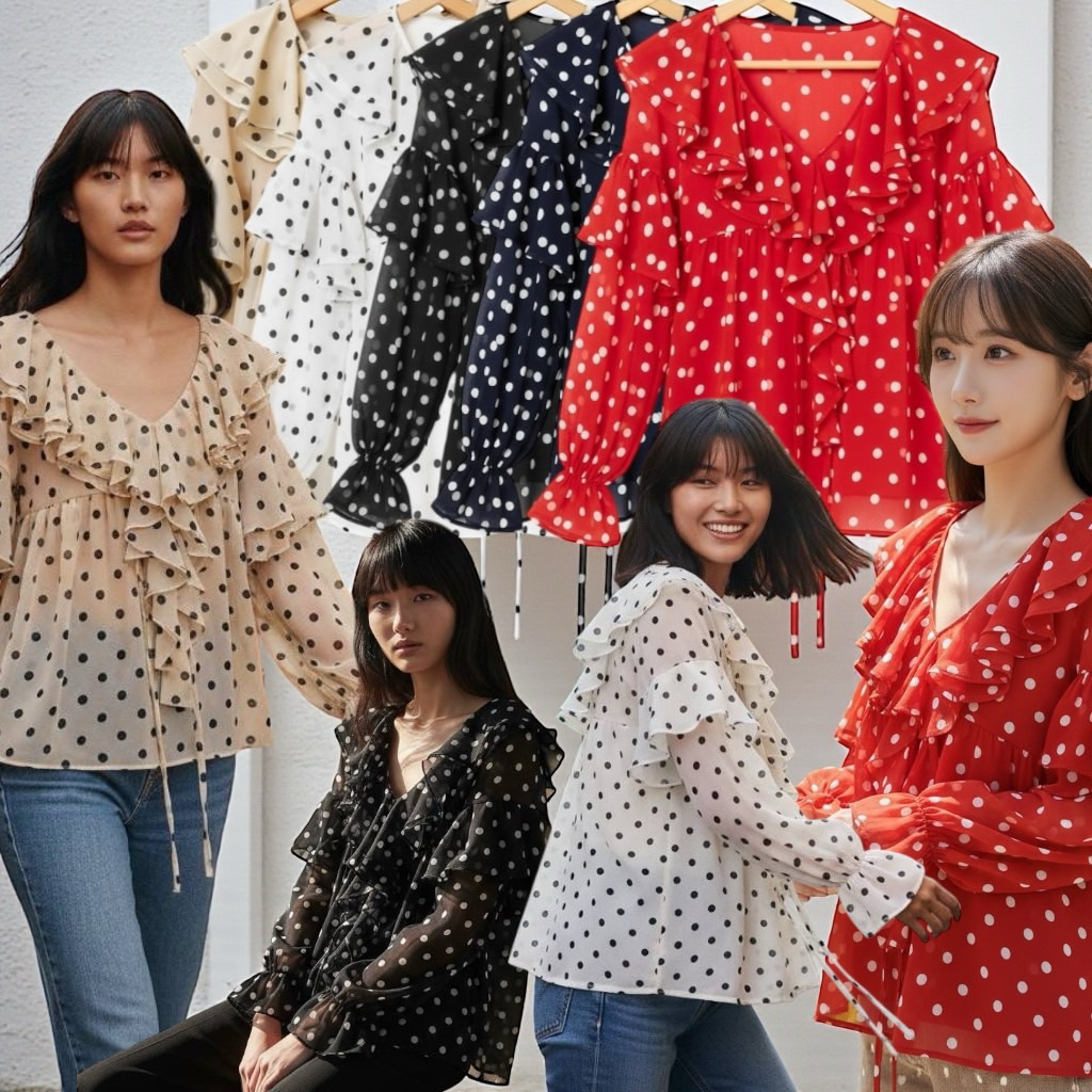 เสื้อโอเว้อไซร้ลายจุด เกาหลี เนื้อผ้าชีฟองทราย
