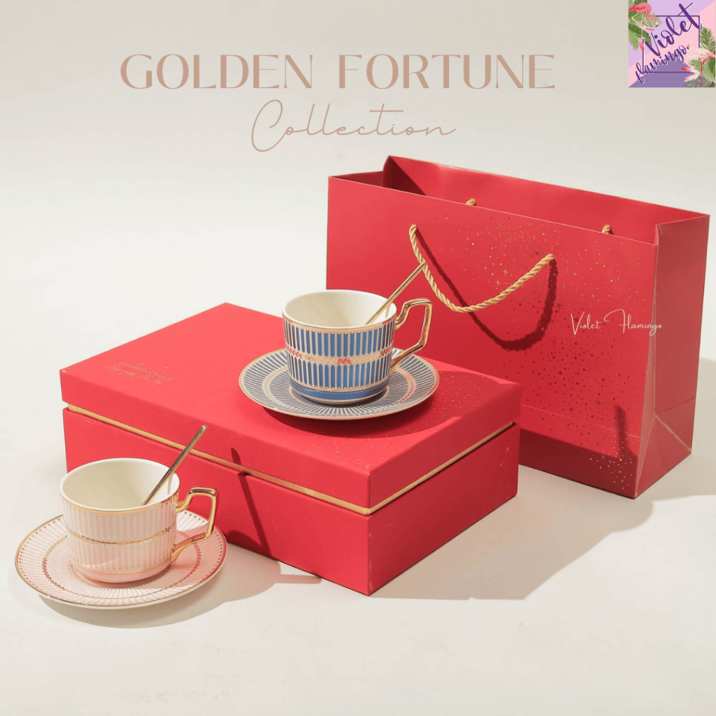 Violet Flamingo - Golden Fortune Collection  ชุดแก้วกาแฟ–จานรองดีไซน์หรู พร้อมกล่องของขวัญสีแดงมงคล สวย เรียบ หรู