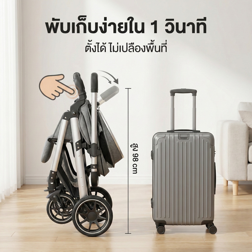 Beige รถเข็นเด็ก รถเข็น 4 ล้อ ปรับ stroller baby 3ระดับ (นั่ง/เอน/นอน) สายรัดแบบ 5 จุด มีเบรค 0-5 ปี - รูปที่ 5