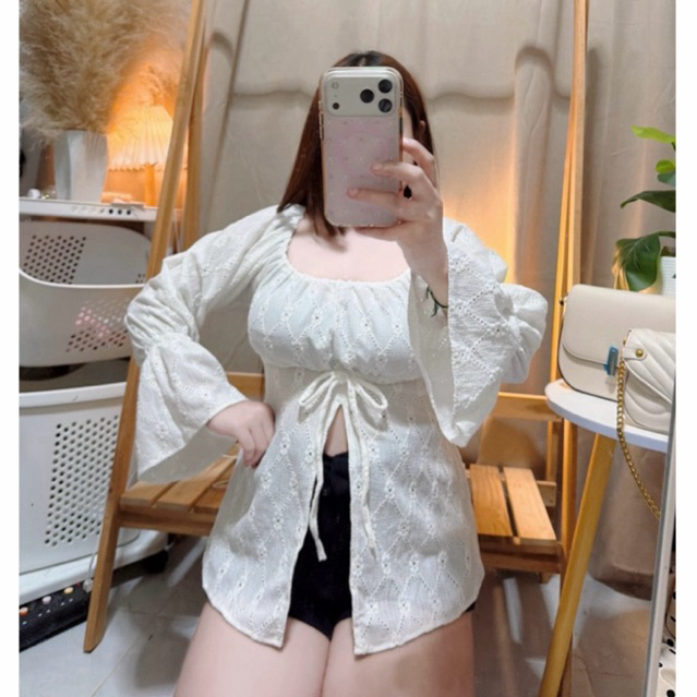 101 เสื้อฉลุเนื้อนิ่มตัวยาว แขนญาญ่าทรงสวยพรางหุ่น:อก32-46นิ้ว