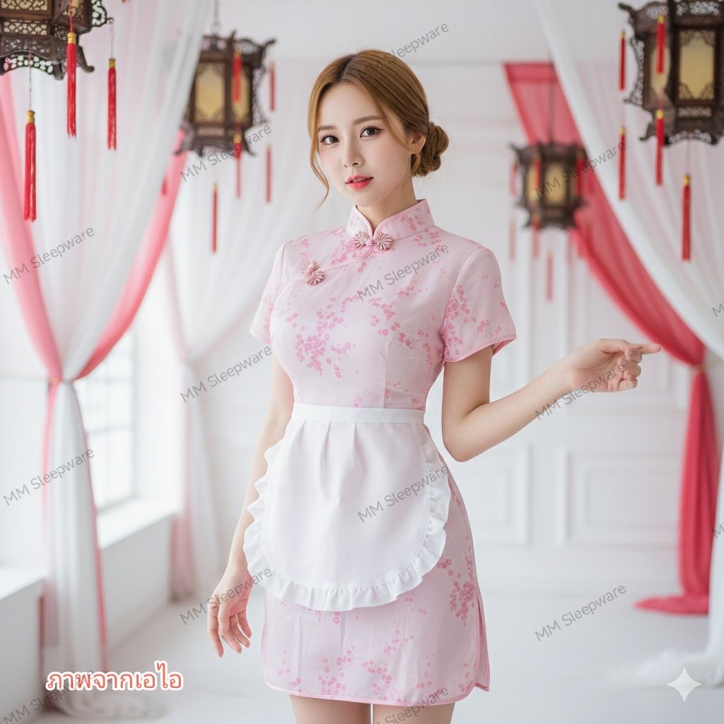 ชุดกี่เพ้า กี่เพ้าสาวใช้ กี่เพ้าลายดอกไม้ กี่เพ้าพร้อมผ้ากันเปื้อน KP-12