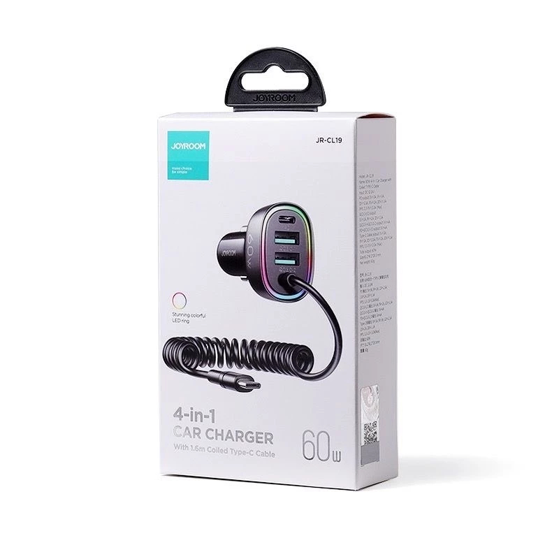 ตัวชาร์จในรถยนต์ Joyroom JR-CL19 4in1 Car Charger 60W หัวชาร์จสำหรับรถยนต์พร้อมสายในตัว