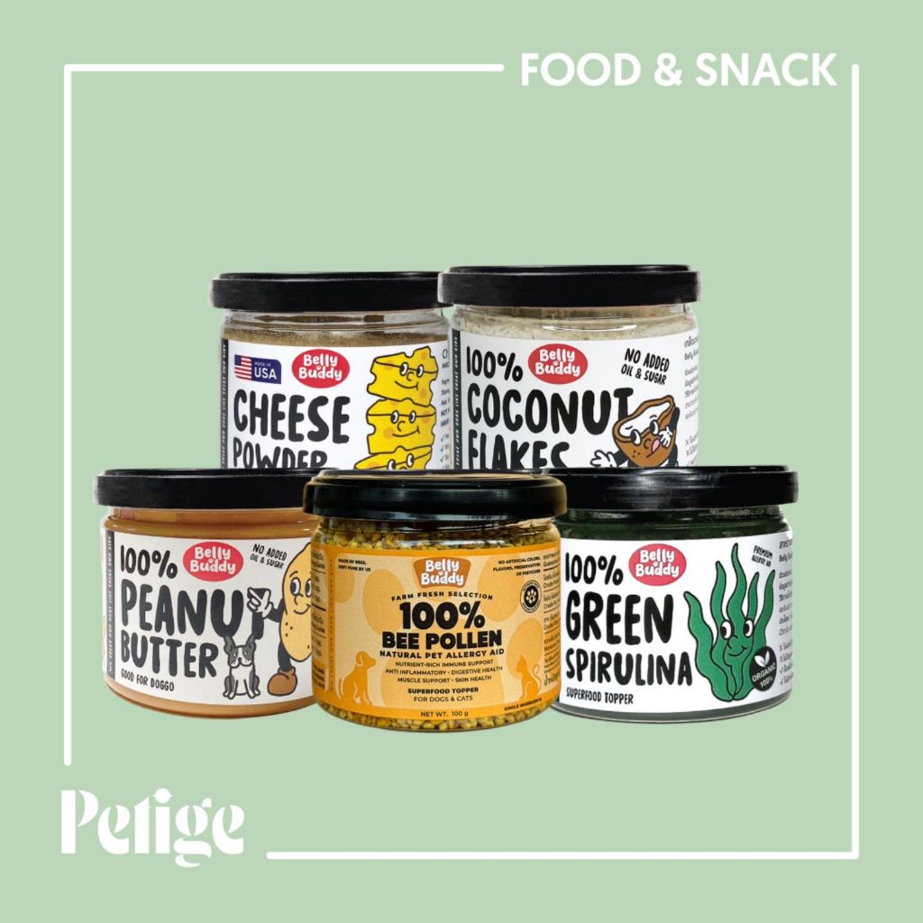 Belly Buddy Topping สำหรับสุนัขและแมว ( เนยถั่ว,ผงมะพร้าว,เกสรผึ้ง,ผงชีส,สาหร่ายสไปรูลิน่า )