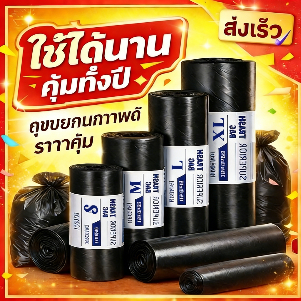 4 ม้วน ถุงขยะสีดำ หนาพิเศษ เหนียวพิเศษ ถุงขยะม้วนใหญ่ ไม่รั่วซึม รับน้ำหนักดี จุได้เยอะ ใช้งานทน