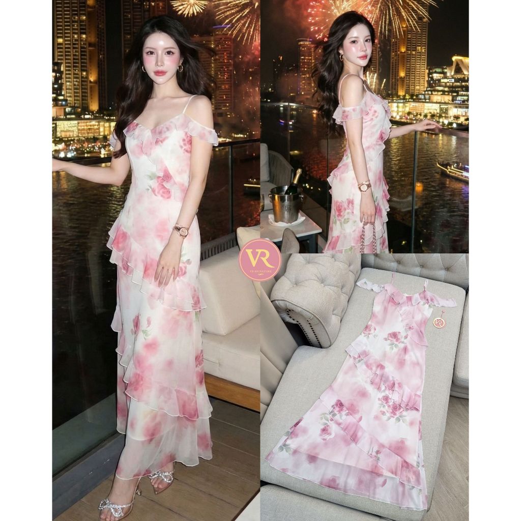 VR Signature​ Dress ยาวระบายปาดไหล่