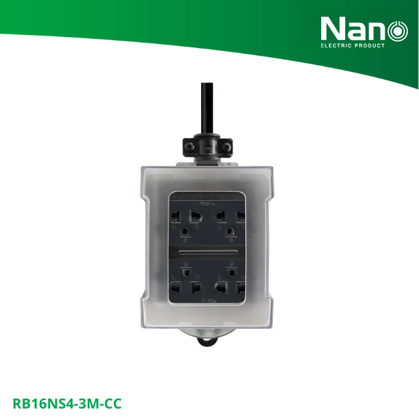 NANO บล็อคยางพร้อมเต้า 4 ช่อง 16A + ฝา PC (สายยาว 3M, 5M, 10M, 20M) (1 ชิ้น/กล่อง) รุ่น RB16NS4-CC