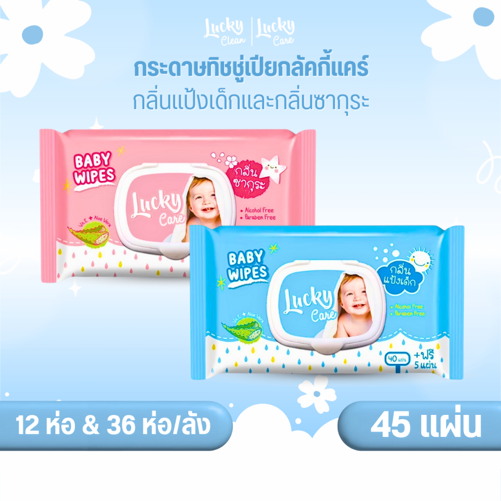 (12ห่อและ36ห่อ/ลัง) ลัคกี้แคร์ ทิชชู่เปียกลัคกี้แคร์ 45 แผ่น ไม่มีแอลกอฮอล์ ไม่มีพาราเบน