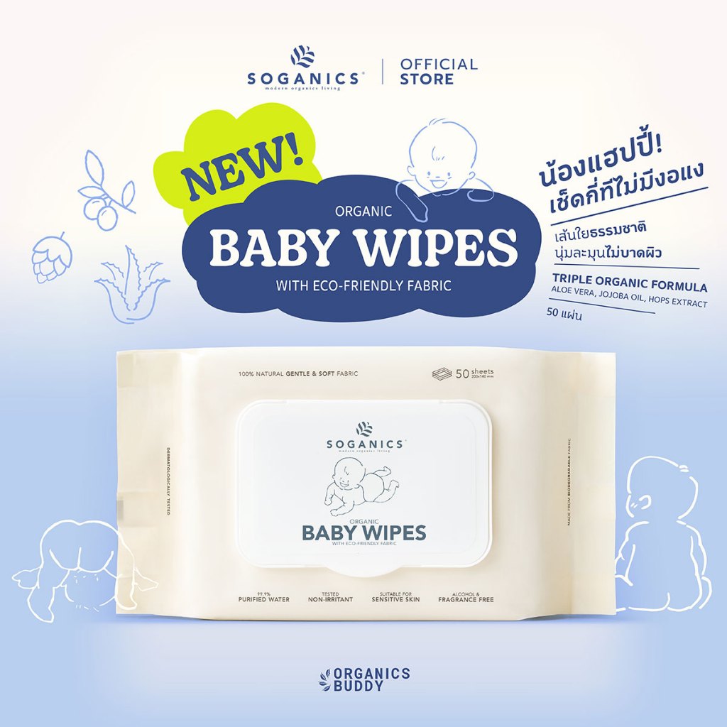 SOGANICS Organic Baby Wipes ทิชชู่เปียก ทำความสะอาดผิว ผ้านุ่มละมุนจากใยธรรมชาติ อ่อนโยนต่อผิวสัมผัส