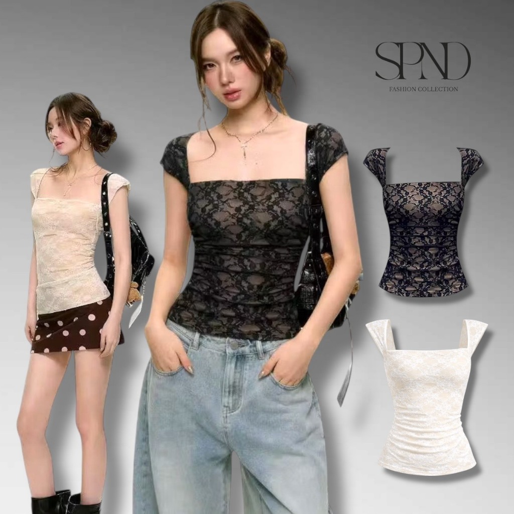 SPND【พร้อมส่ง】เสื้อแขนกุดลูกไม้ซีทรู ทรงอกสีเหลี่ยมช่วยขับช่วงคอและไหล่ให้ดูเรียวยาว มี2สี