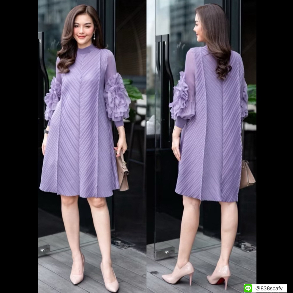 📌ทักก่อนสั่ง นางแบบสูง 174 Cm 📌 เดรสอัดพลีท อก42“-60” ชีฟองแต่งดอกไม้ cutie - รูปที่ 2